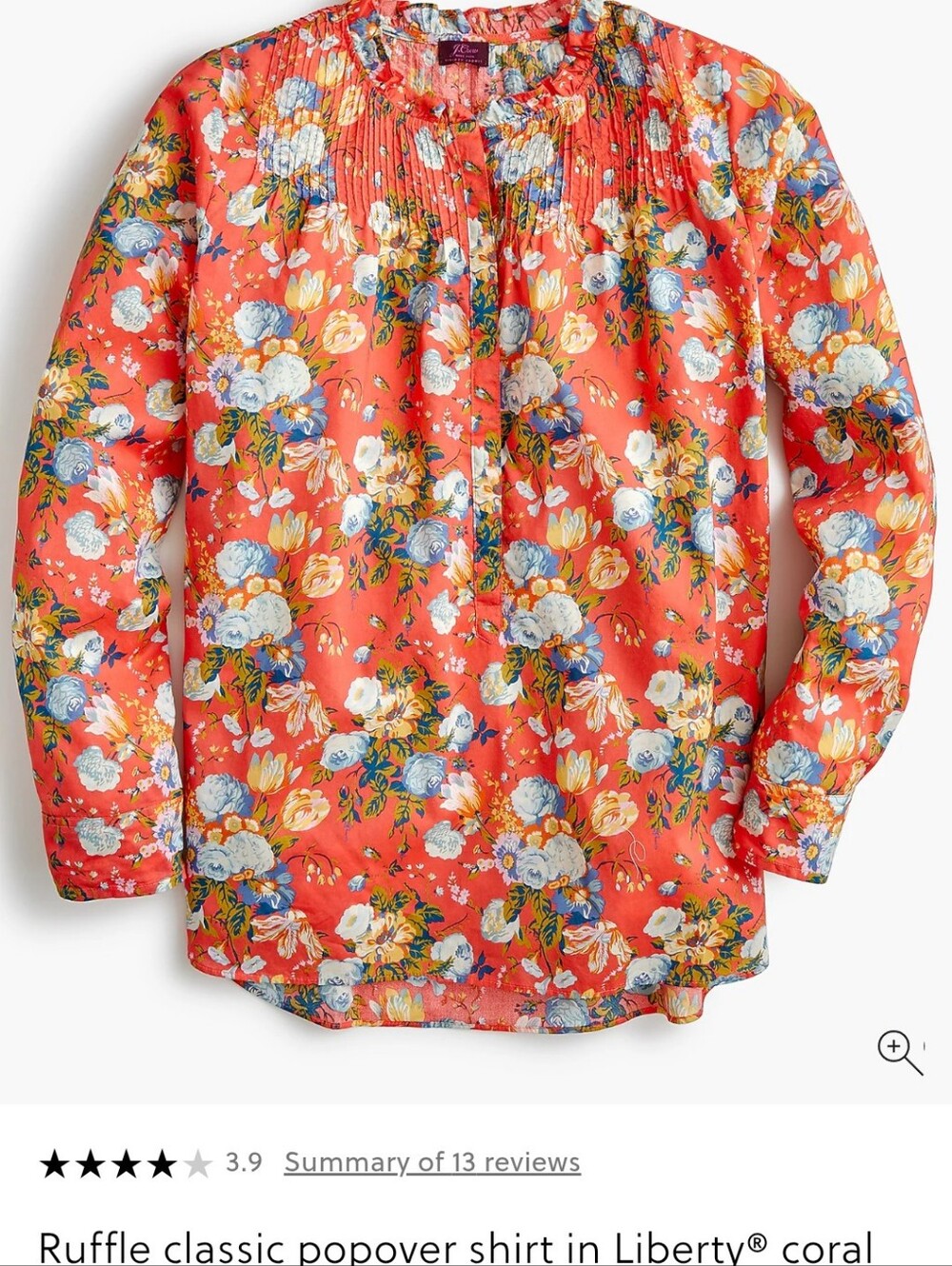 J. Crew 6 Liberty Ruffle Classic Pintuck Popover Coral Floral Print Cotton Top - Picture 8 of 8